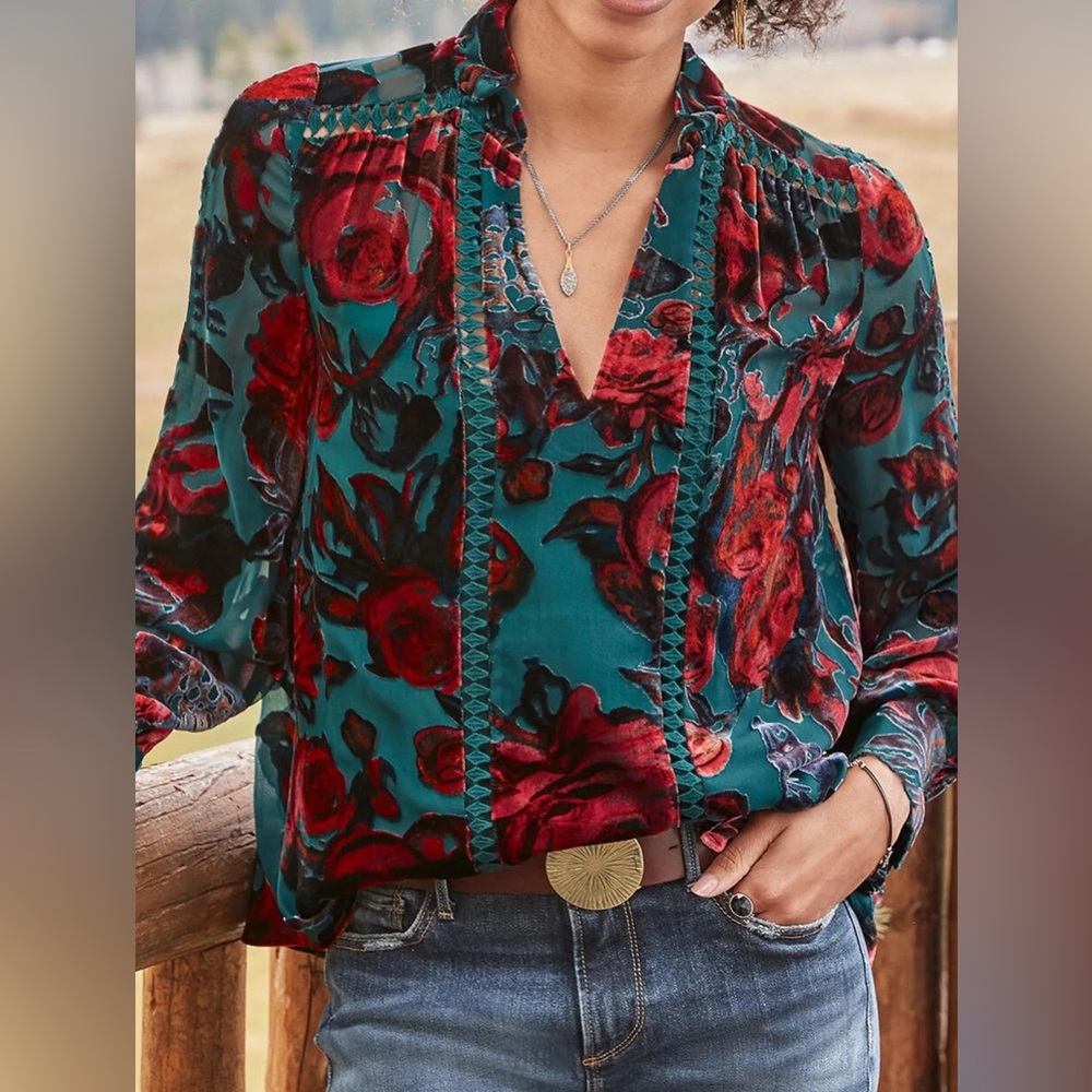 Sundance Teal and Red Floral Blouse